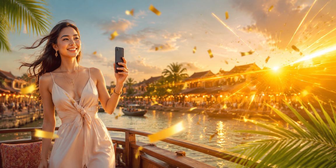 Người dùng sử dụng điện thoại tại quán cà phê Hội An để chơi casino trực tuyến trên ứng dụng mobile