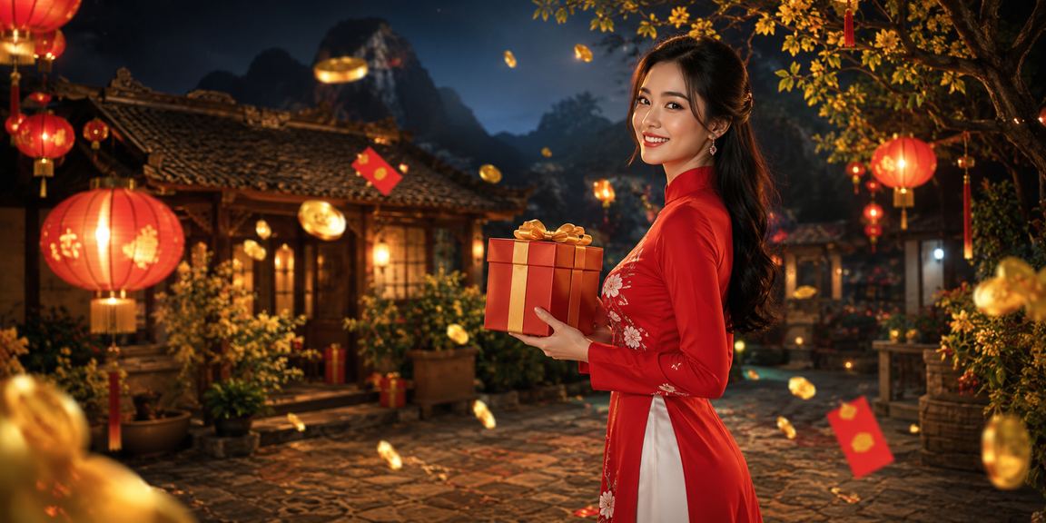 Thiếu nữ áo dài Ninh Bình cầm phong bao đỏ biểu tượng tiền thưởng và may mắn